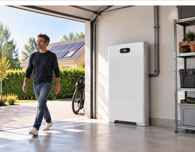 Batterie de stockage domestique installée dans un garage, sous une toiture solaire