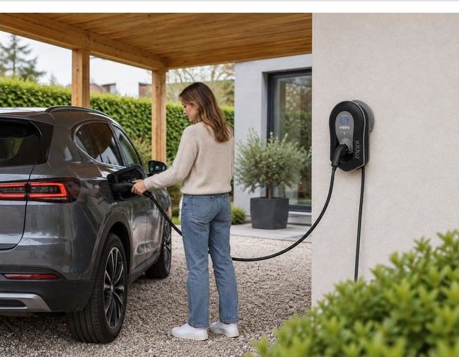 Borne de recharge murale en cours d'utilisation sous un carport